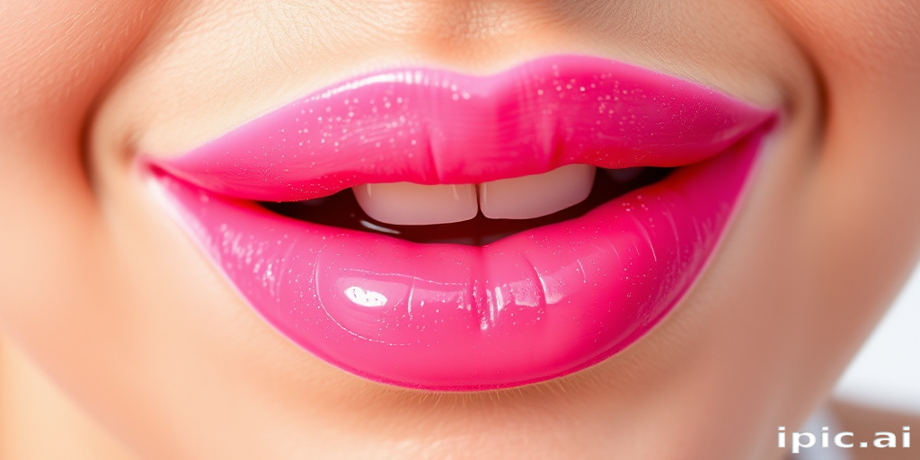 Glossy bubblegum pink lips with a hint of sparkle, youthful and fun, reminiscent of sweet treats and carefree summer days