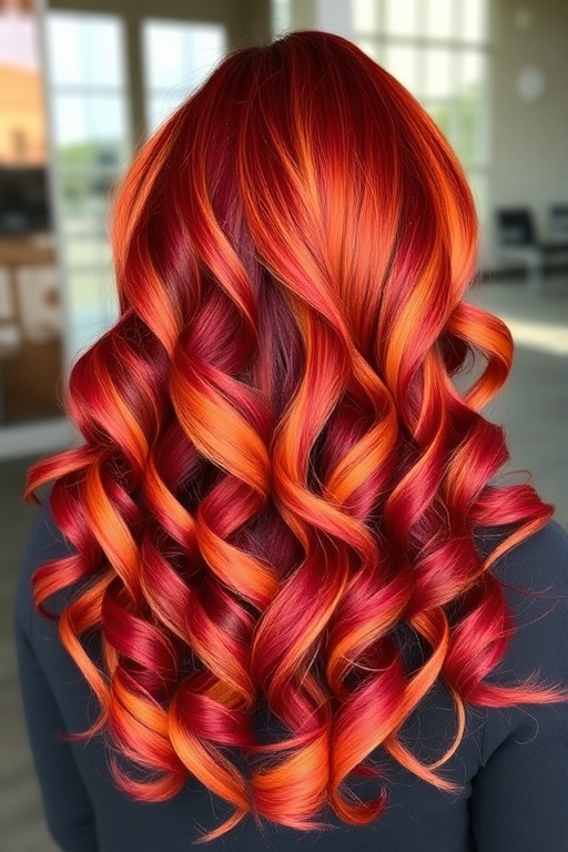 Fiery ombré locks transitioning from deep burgundy roots to bright copper tips, styled in voluminous spiral curls dubbed "Autumn Flame" emanating warmth and passion