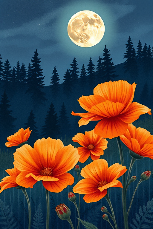 A vibrant watercolor illustration of large orange flowers in a moody landscape under a full moon, with dark forest silhouettes in the background, shot with a DSLR camera, 50mm lens, f/2.8 aperture, ISO 100, and a shallow depth of field for enhanced detail and contrast.