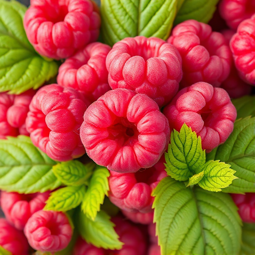 Regenerate an illustration of a bunch of pink raspberries with green leaves, using a Canon EOS R5 camera, f/2.8 aperture, ISO 100, 50mm lens, natural light, top-down view, digital art style.