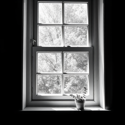 Create a high-contrast black and white image of a window with sunlight streaming through, illuminating a small plant on the windowsill, using a DSLR camera with a 50mm f/1.8 lens, aperture set to f/2.8, ISO 100, shutter speed of 1/125s, and a soft focus style to enhance image quality.