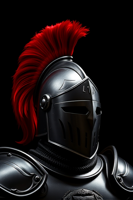 Create a high-resolution image of a stylized knight's helmet with a red plume and ornate shoulder armor, using a Canon EOS 5D Mark IV, aperture f/2.8, ISO 100, 50mm lens, shot in a dramatic spotlight against a black background.