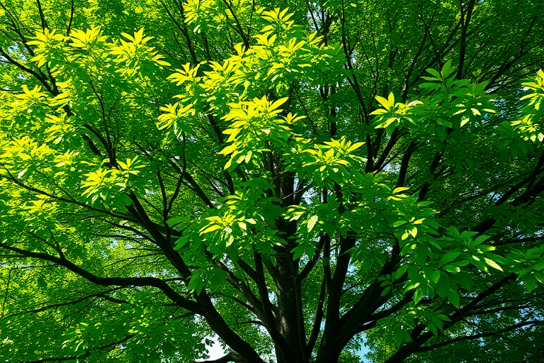 Generate a highly detailed image of a lush green tree with a clear background, captured with a 50mm lens at f/1.8, ISO 100, in natural daylight using a DSLR camera.