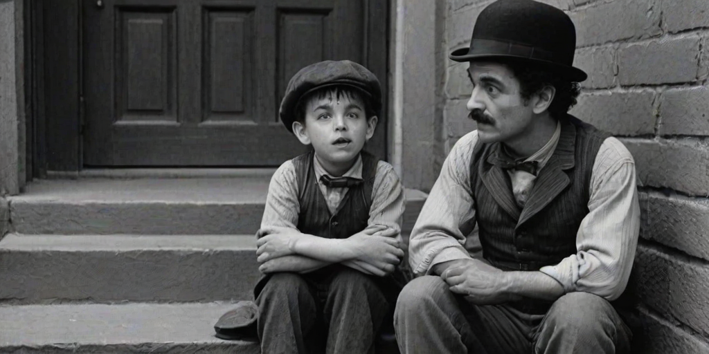 A black-and-white photograph of a man and a child sitting on steps in front of a doorway. The man is dressed as a tramp with a bowler hat, mustache, and ragged clothes, reminiscent of Charlie Chaplin's iconic look. He is sitting with his arms crossed and an expression of slight sadness or frustration. Next to him is a young boy, also in worn clothes and a cap, sitting with his hands clasped, looking thoughtful. The background is an old, textured wall and a partially open door, creating a vintage, early 20th-century atmosphere.