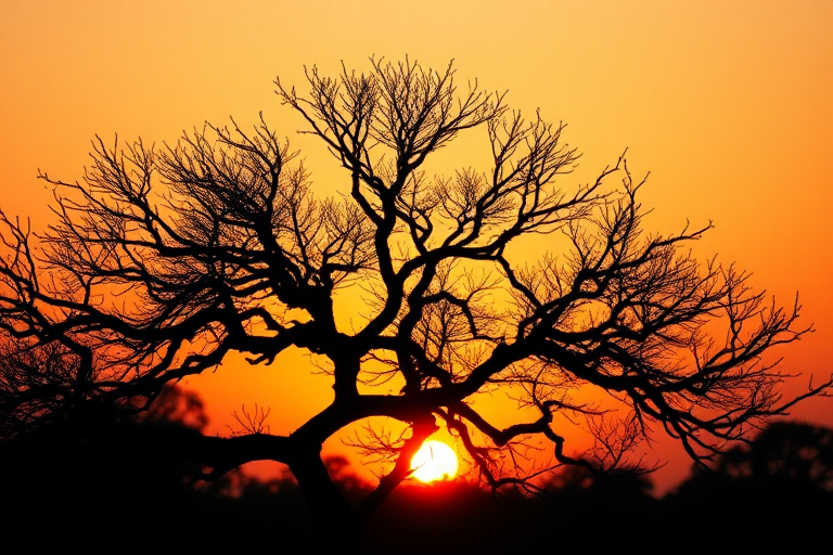 Generate a high-quality silhouette of a tree against a sunset background, using a DSLR camera with a 50mm lens, aperture set to f/8, ISO 200, shutter speed 1/200s, shot from a low-angle view to capture the intricate branches and vibrant colors of the sunset, in a panoramic style for a wider perspective.