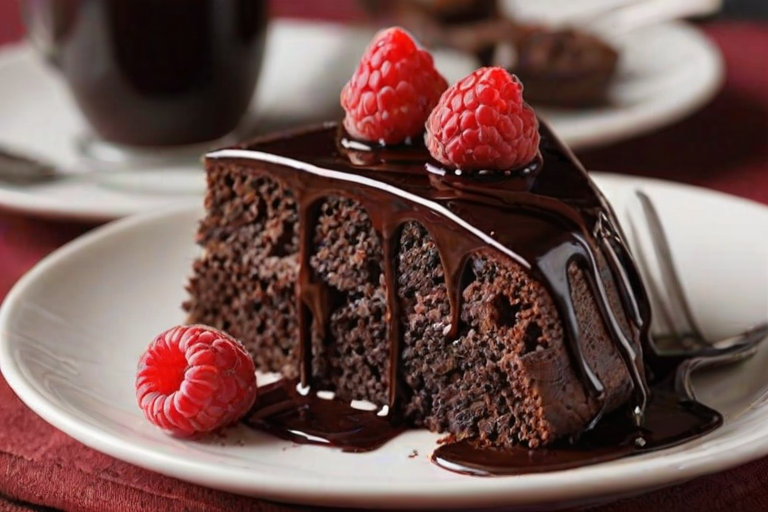 Create an image of a decadent slice of chocolate cake topped with fresh raspberries and drizzled with rich chocolate sauce. The background should be dark to enhance the cake's rich colors and textures.