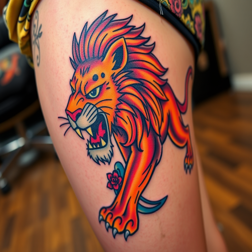 Vibrant neo-traditional tattoo of a fierce lion on the thigh, featuring bold outlines, saturated colors, and stylized elements, blending classic and modern tattooing techniques