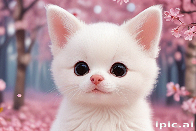 A Cute White Kitten Surrounded by Beautiful Pink Cherry Blossoms in Spring.