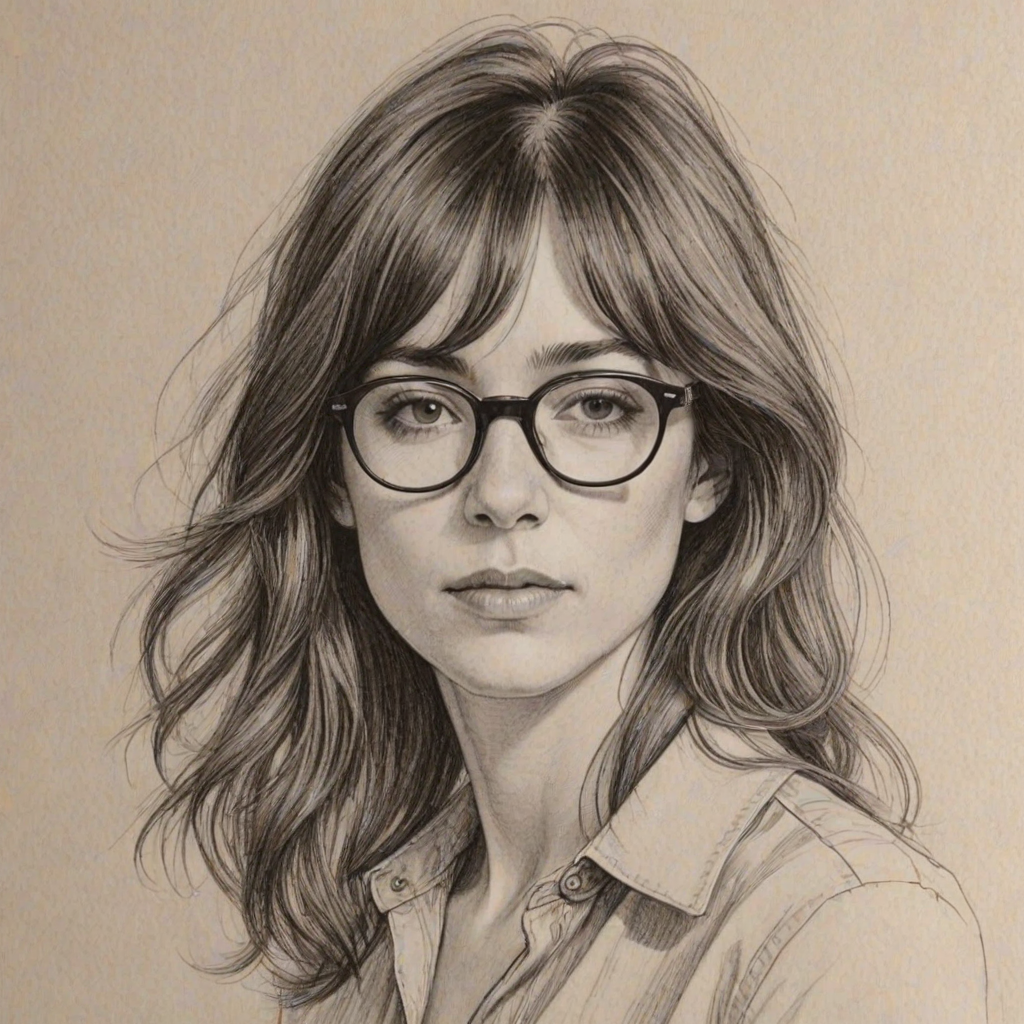 Ravishing Charlotte Gainsbourg, pencil sketch, portrait of Enchanting woman 1966s in glasses, hair style beatnik, outline, clear lines, fine lines, 8k