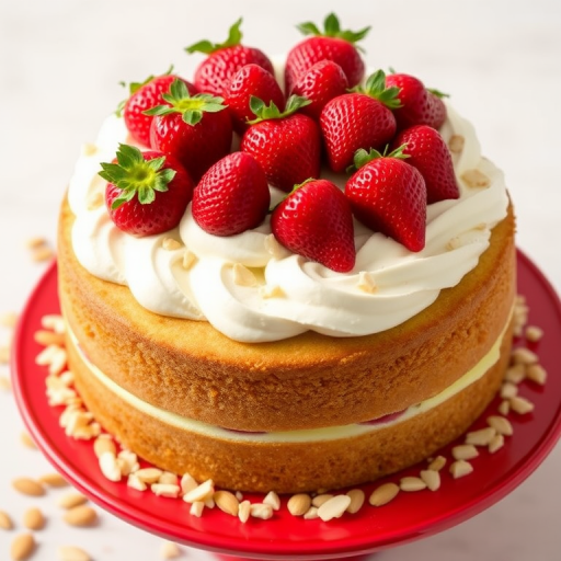 A delicious cake topped with whipped cream and fresh strawberries, surrounded by chopped almonds, presented on a red cake stand with a soft background.