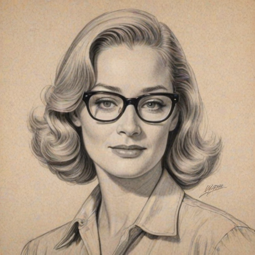 Appealing Cybill Shepherd, pencil sketch, portrait of Enticing woman 1939s in glasses, hair style beatnik, outline, clear lines, fine lines, 8k