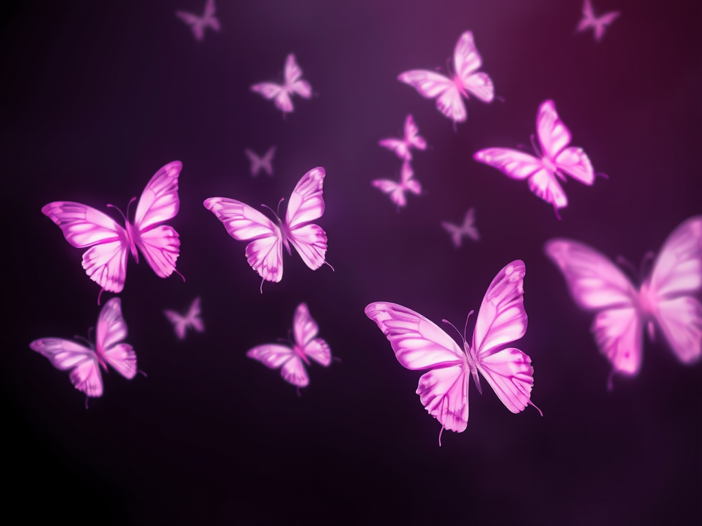 Generate an image of ethereal butterflies in shades of pink and purple, floating gracefully against a dark background. The butterflies should have a translucent quality, with a gentle glow emanating from their wings, creating a serene and magical atmosphere.
