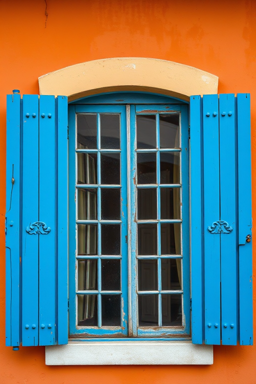 regenerate a photo of a vintage window with blue wooden shutters on an orange wall, captured with a DSLR camera, 50mm lens, aperture f/2.8, ISO 100, natural lighting, eye-level angle, high resolution