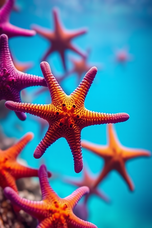 Create a vibrant underwater scene featuring various starfish in shades of purple, orange, and blue with a soft, gradient background, captured with a Canon EOS R5, 50mm lens, f/2.8 aperture, 1/250 sec shutter speed, and a shallow depth of field for enhanced detail and clarity.