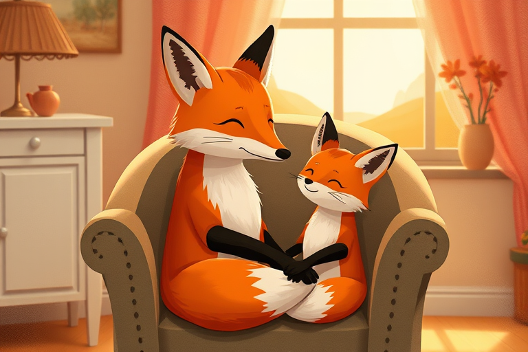 Create an illustration of a mother fox and her child sitting together in a cozy armchair, surrounded by a warm and inviting room with a window showing a sunny landscape, using a DSLR camera with a 50mm lens, f/2.8 aperture, ISO 100, natural lighting, and a soft focus effect to enhance warmth and detail.