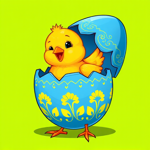 create a vibrant illustration of a cheerful yellow chick emerging from a blue eggshell with decorative patterns, set against a bright green background, use a digital art style, 300 DPI resolution, and apply high contrast lighting to enhance color saturation and detail