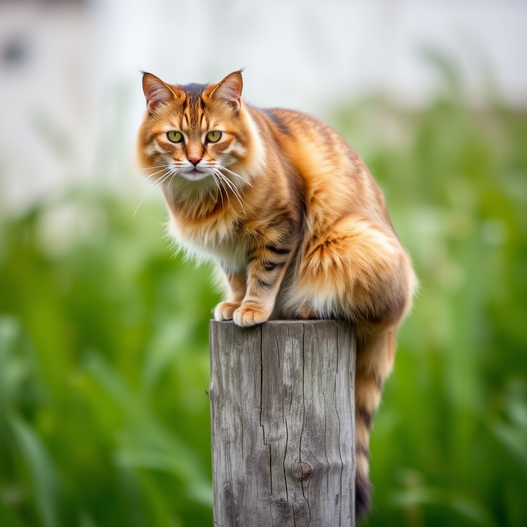 A majestic cat perched on a wooden post, sharp focus, natural light, f/2.8 aperture, 1/500 sec shutter speed, ISO 200, taken with a DSLR camera, portrait orientation, with a blurred background to emphasize the cat and surrounding greenery.