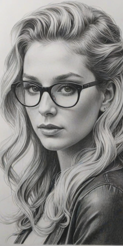 Alluring Kesha, pencil sketch, portrait of Fascinating woman 1944s in glasses, hair style beatnik, outline, clear lines, fine lines, 8k