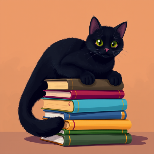 Create a vibrant illustration of a black cat sitting on a stack of colorful books with a warm brown background, shot with a DSLR camera at f/2.8, 50mm lens, natural lighting, and a shallow depth of field for a soft blur on the background.