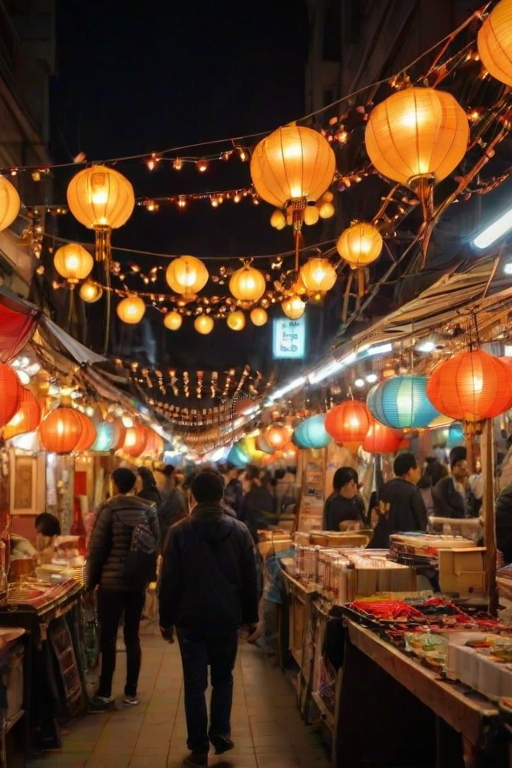 Night market illuminated by strings of lights, bustling with people browsing stalls, a woman buying a lantern from a vendor, her face glowing in the warm light.