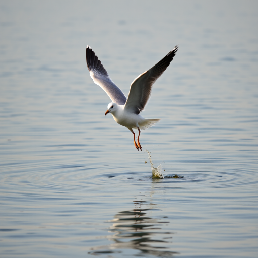 a seagull taking off from the surface of calm water with ripples and reflections, wings spread wide against a soft, neutral background