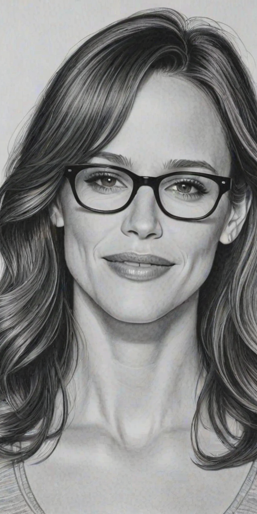 Gorgeous Jennifer Garner, pencil sketch, portrait of Radiant woman 1969s in glasses, hair style beatnik, outline, clear lines, fine lines, 8k