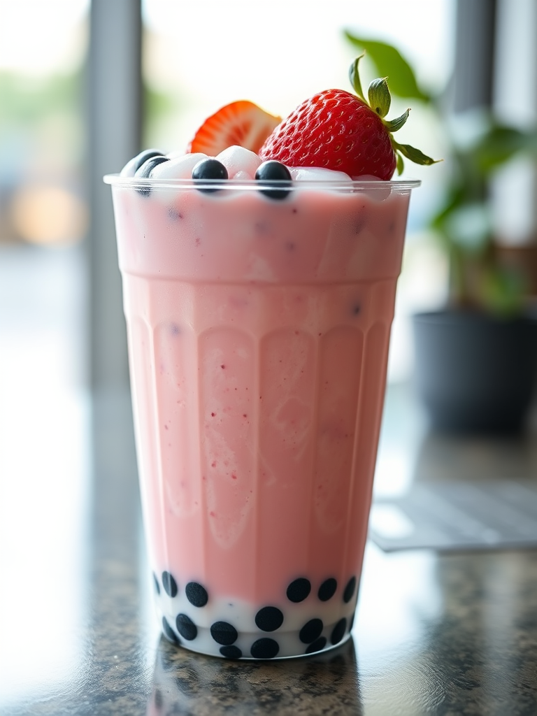 Generate a high-resolution image of a pink bubble tea cup with strawberries on top and black tapioca pearls, using a close-up view with a shallow depth of field, aperture set to f/2.8, ISO 100, and a 50mm lens for enhanced clarity and detail.