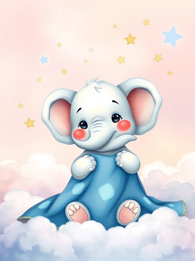 Cute watercolor illustration of a smiling elephant holding a blue blanket amidst fluffy clouds and stars in a soft pastel sky, 50mm lens, f/5.6 aperture, 1/125 sec shutter speed, soft focus background, digital art style.