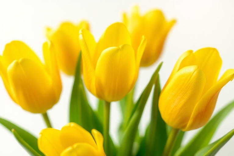 Generate a vibrant illustration of five yellow tulips in full bloom, with lush green leaves, captured in a macro shot using a DSLR camera at f/2.8, ISO 100, with a shallow depth of field to enhance the details of the petals and leaves.