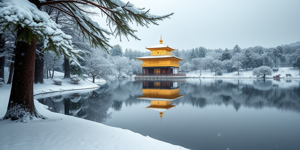 capture a serene winter scene of a golden temple surrounded by snow-covered trees and a calm lake reflecting the temple, use a Nikon D850 camera, 35mm lens, f/8 aperture, ISO 200, 1/125s shutter speed, shot from a low angle to emphasize the temple's reflection in the water, natural light during snowfall for a soft ambiance