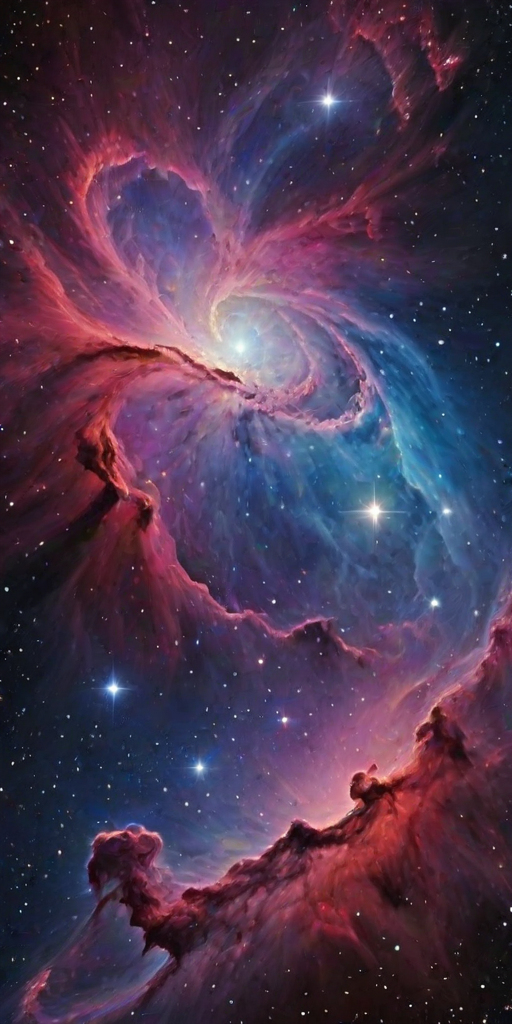create a vibrant cosmic nebula filled with swirling colors of red, blue, and purple, surrounded by sparkling stars in a dark endless space