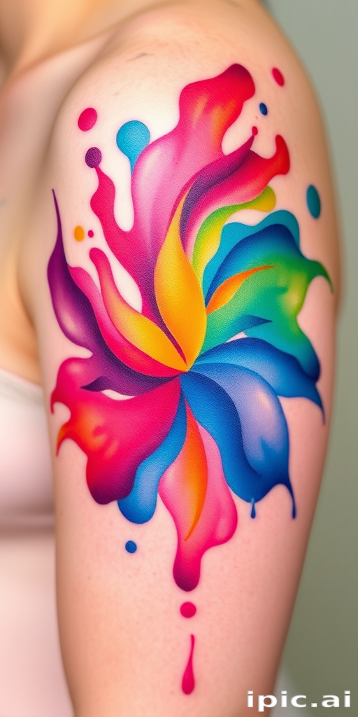 Vibrant watercolor tattoo named "Spectrum Splash" featuring a kaleidoscope of flowing colors blending seamlessly across the skin creating an ethereal and dreamlike appearance with soft edges and translucent hues