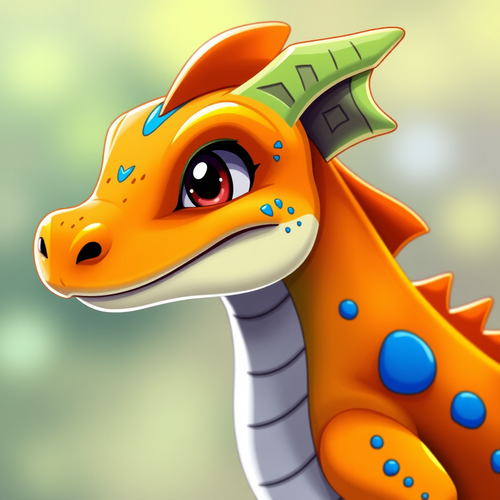 Create a vibrant digital illustration of a cartoon dragon in profile with bright orange and green scales, large expressive eyes, and distinctive blue spots, using a 50mm lens on a DSLR camera with f/2.8 aperture, 1/200 shutter speed, and ISO 100 for sharp focus and enhanced color saturation.