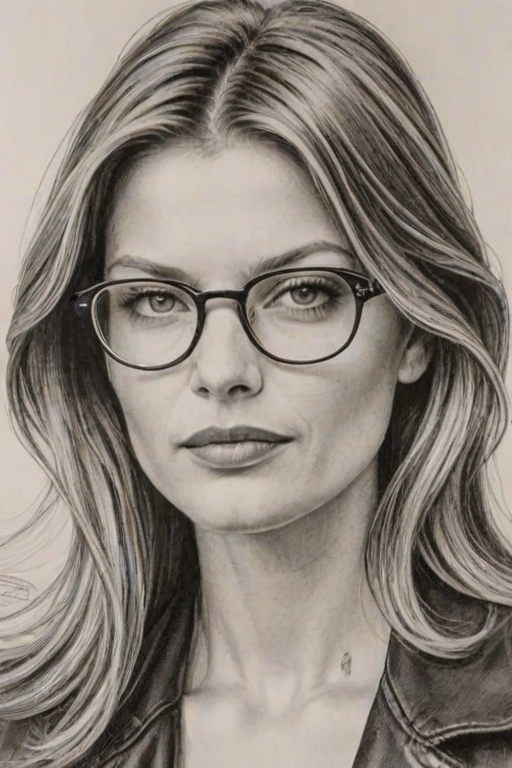 Radiant Ivana Milicevic, pencil sketch, portrait of Appealing woman 1971s in glasses, hair style beatnik, outline, clear lines, fine lines, 8k