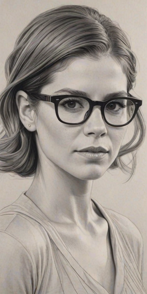 Resplendent Kate Mara, pencil sketch, portrait of Radiant woman 1935s in glasses, hair style beatnik, outline, clear lines, fine lines, 8k