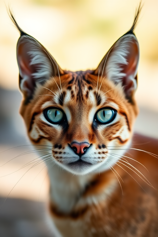 caracal portrait, detailed fur texture, soft focus background, natural light, 85mm lens, f/1.8 aperture, ISO 200, shallow depth of field, DSLR camera, close-up shot