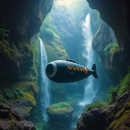 submarine floating in a lush canyon with waterfalls, vibrant colors, high detail, wide-angle lens, f/8 aperture, 1/125s shutter speed, ISO 100, soft natural light, shot with a DSLR camera