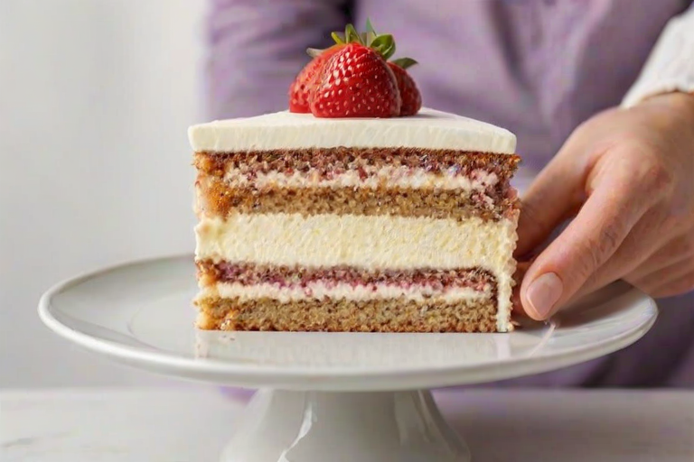 Generate an image of a hand holding a slice of cake with layers visible. The cake has a light frosting and a bright filling. The background should be simple and elegant, focusing on the cake and the slice being served.