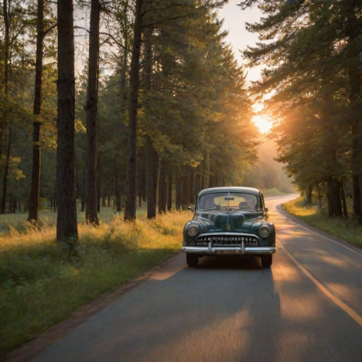 Scenic country road lined with trees, a vintage car cruising along, the sun setting in the background, creating a nostalgic and picturesque moment.