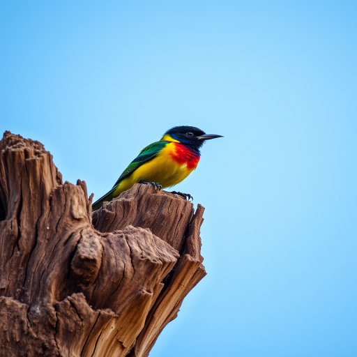 A vibrant bird perched on a weathered tree stump against a clear blue sky, captured with a DSLR camera, 200mm lens, f/8 aperture, ISO 100, with a shallow depth of field to enhance foreground clarity and a soft blurred background.