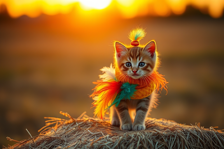 A playful kitten wearing a colorful outfit with feathers stands on a hay bale under a golden sunset, captured with a Canon EOS R5, 50mm lens, f/1.8, ISO 100, natural lighting.