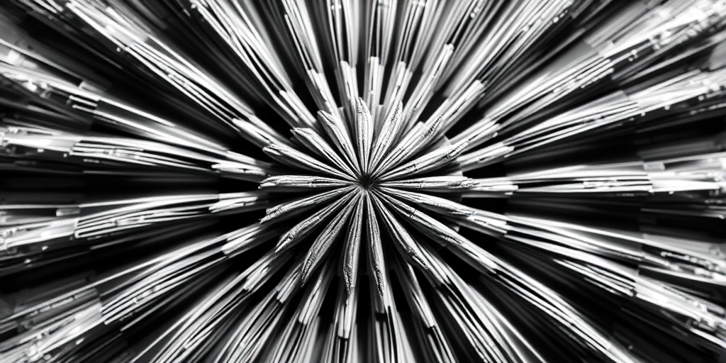 create a high-contrast black and white image of an abstract burst pattern with detailed textures, using a DSLR camera, 50mm lens, aperture f/1.8, shutter speed 1/500s, ISO 100, shot from a top-down perspective with a shallow depth of field to enhance clarity and focus.