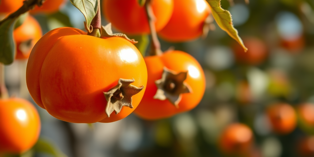 Close-up of hanging persimmons in a vibrant orange color against a blurred background, with a Canon EOS R5, 50mm f/1.2 lens, aperture f/2.8, ISO 200, shutter speed 1/250 sec, natural soft lighting.