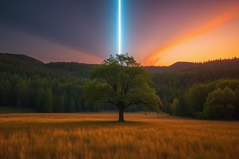 Create a surreal landscape featuring a solitary tree at twilight, with a bright vertical beam of light piercing the sky, surrounded by lush forests and golden grass, captured with a DSLR camera at f/2.8, ISO 100, 1/60 sec, using a wide-angle lens for an immersive perspective.