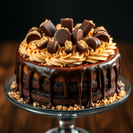 Create an image of a luxurious layered cake with a chocolate ganache drip. The cake should be decorated with swirls of peanut butter frosting and topped with peanut butter cups. Add a sprinkle of crushed peanut butter candy around the top for added texture and detail. The cake should be presented on a cake stand, with a focus on rich, indulgent textures and colors.