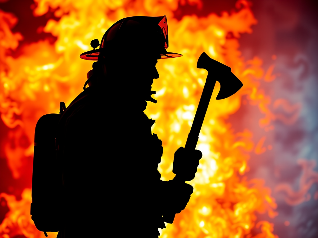 Create a silhouette of a firefighter holding an axe against a vivid flame background, using a DSLR camera with a Canon 50mm lens at f/1.8, ISO 100, and a shutter speed of 1/250 sec, capturing the image in a high-contrast style with vibrant colors and dynamic lighting.
