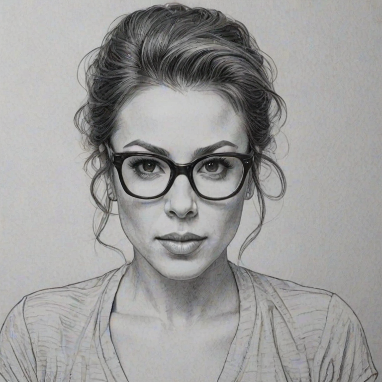 Appealing Alyssa Milano, pencil sketch, portrait of Attractive woman 1978s in glasses, hair style beatnik, outline, clear lines, fine lines, 8k