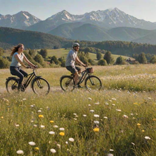 Blurry action shot of a group of friends riding bicycles through a sun-drenched meadow, soft focus on the flowers swaying in the breeze, with distant mountains silhouetted against the clear blue sky.