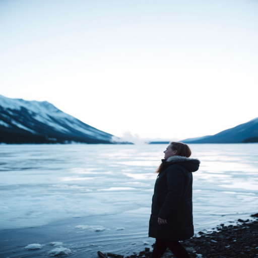 Woman standing on the shore of a frozen lake, her breath visible in the cold air, with snow-covered mountains in the background, and the soft glow of twilight on the horizon.