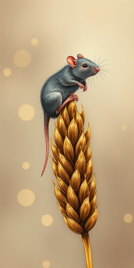 Soft, muted Alcohol Ink with ebru effect background image of tiny whimsical rat, who climbed high on the top of a golden rye ear.